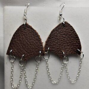 No.1132 Handmade earrings with leather pieces 2 1/2 inches long